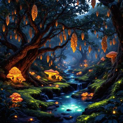The primary subject of the image is a forest filled with mushrooms and trees. The setting is a lush, green environment with a waterfall flowing through the middle of the forest. The visual style is a digital art or illustration, creating a vibrant and magical atmosphere. The dominant colors are green, blue, and yellow, with the mushrooms and waterfall adding a sense of wonder and enchantment to the scene.